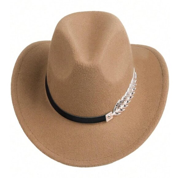 Beige Western‎ Cowboy Cowgirl Hat Felt Wide Brim Fedora with Gold Leaf Accent - Picture 2 of 6